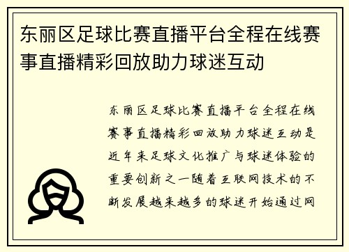东丽区足球比赛直播平台全程在线赛事直播精彩回放助力球迷互动
